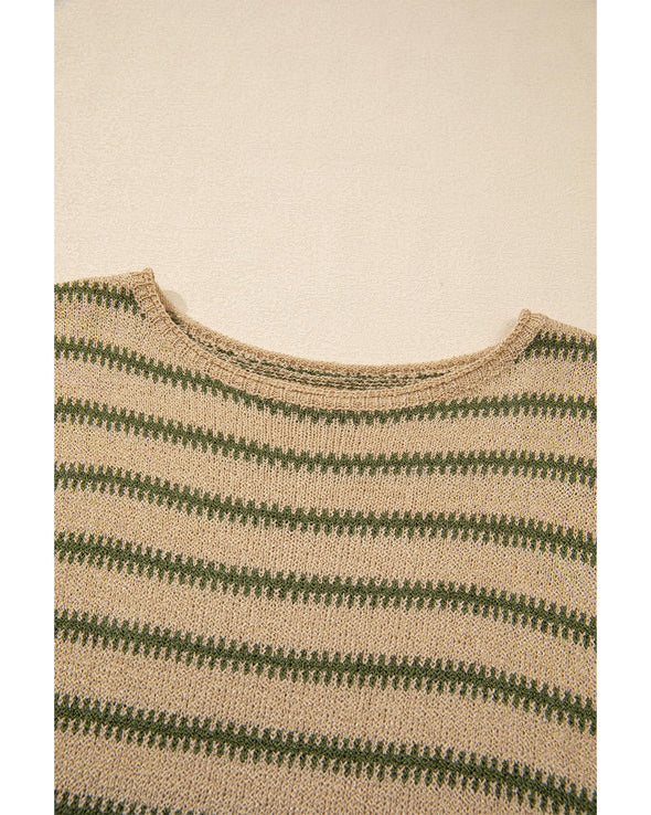 Khaki Stripe Drop Shoulder Casual Sweater - L