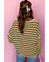 Khaki Stripe Drop Shoulder Casual Sweater - L