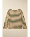 Khaki Stripe Drop Shoulder Casual Sweater - L