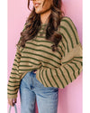 Khaki Stripe Drop Shoulder Casual Sweater - L