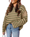 Khaki Stripe Drop Shoulder Casual Sweater - M