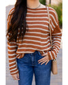 Brown Stripe Drop Shoulder Casual Sweater - S