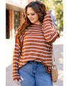 Brown Stripe Drop Shoulder Casual Sweater - S
