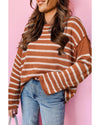 Brown Stripe Drop Shoulder Casual Sweater - XL