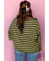 Green Stripe Drop Shoulder Casual Sweater - L