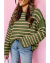Green Stripe Drop Shoulder Casual Sweater - L