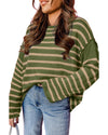 Green Stripe Drop Shoulder Casual Sweater - L