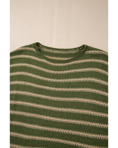Green Stripe Drop Shoulder Casual Sweater - M
