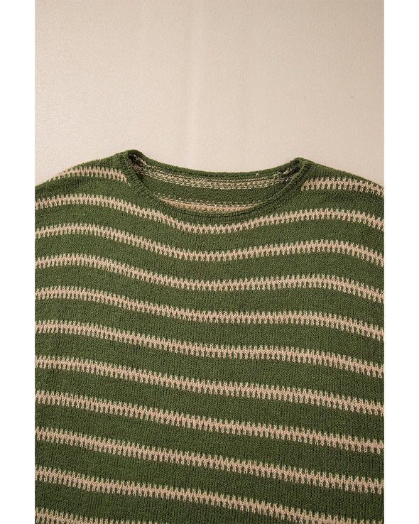 Green Stripe Drop Shoulder Casual Sweater - M
