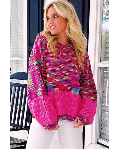 Bright Pink Rainbow Confetti Drop Shoulder Sweater - L