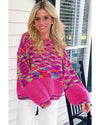 Bright Pink Rainbow Confetti Drop Shoulder Sweater - L
