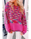 Bright Pink Rainbow Confetti Drop Shoulder Sweater - L