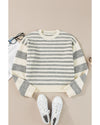 Gray Stripe Drop Shoulder Crew Neck Sweater - M