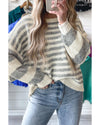 Gray Stripe Drop Shoulder Crew Neck Sweater - M