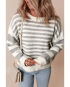 Gray Stripe Drop Shoulder Crew Neck Sweater - M