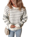 Gray Stripe Drop Shoulder Crew Neck Sweater - M