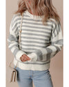 Gray Stripe Drop Shoulder Crew Neck Sweater - M