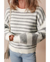 Gray Stripe Drop Shoulder Crew Neck Sweater - S