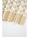 Apricot Checkered Buttons Collar V Neck Drop Shoulder Sweater - L