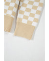 Apricot Checkered Buttons Collar V Neck Drop Shoulder Sweater - L