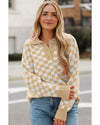 Apricot Checkered Buttons Collar V Neck Drop Shoulder Sweater - L