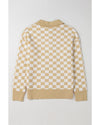 Apricot Checkered Buttons Collar V Neck Drop Shoulder Sweater - L