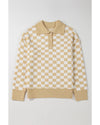 Apricot Checkered Buttons Collar V Neck Drop Shoulder Sweater - L