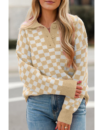 Apricot Checkered Buttons Collar V Neck Drop Shoulder Sweater - M