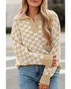 Apricot Checkered Buttons Collar V Neck Drop Shoulder Sweater - S