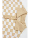 Apricot Checkered Buttons Collar V Neck Drop Shoulder Sweater - S
