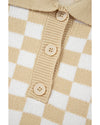 Apricot Checkered Buttons Collar V Neck Drop Shoulder Sweater - XL