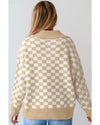 Apricot Checkered Buttons Collar V Neck Drop Shoulder Sweater - XL