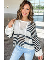 White Stripe Contrast Striped Crochet Puff Sleeve Sweater - XL