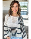 White Stripe Contrast Striped Crochet Puff Sleeve Sweater - XL