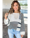 White Stripe Contrast Striped Crochet Puff Sleeve Sweater - XL