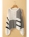 White Stripe Contrast Striped Crochet Puff Sleeve Sweater - XL