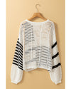 White Stripe Contrast Striped Crochet Puff Sleeve Sweater - XL
