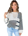 White Stripe Contrast Striped Crochet Puff Sleeve Sweater - XL