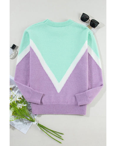 Green Chevron Colorblock Ribbed Knit Drop Shoulder Sweater - XL