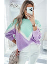 Green Chevron Colorblock Ribbed Knit Drop Shoulder Sweater - XL