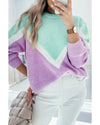 Green Chevron Colorblock Ribbed Knit Drop Shoulder Sweater - XL