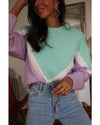 Green Chevron Colorblock Ribbed Knit Drop Shoulder Sweater - XL