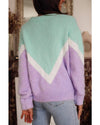 Green Chevron Colorblock Ribbed Knit Drop Shoulder Sweater - XL