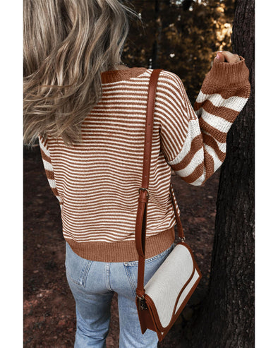 Brown Stripe Geometric Textured Drop Shoulder Sweater - M
