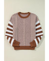 Brown Stripe Geometric Textured Drop Shoulder Sweater - M