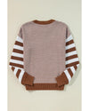Brown Stripe Geometric Textured Drop Shoulder Sweater - M