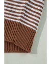 Brown Stripe Geometric Textured Drop Shoulder Sweater - M
