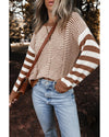 Brown Stripe Geometric Textured Drop Shoulder Sweater - M
