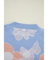 Beau Blue Floral O Neck Drop Shoulder Knitted Sweater - L