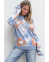 Beau Blue Floral O Neck Drop Shoulder Knitted Sweater - M